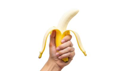 Hand holding a partially peeled banana against a plain black background in a studio shot image style