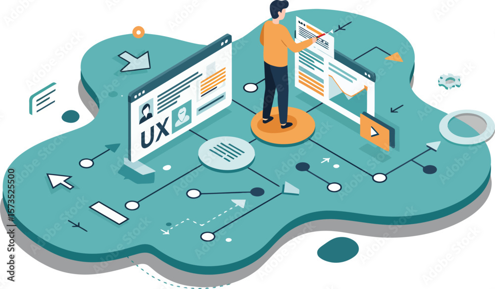 Poster user experience ux design process with man interacting on digital interfaces vector illustration