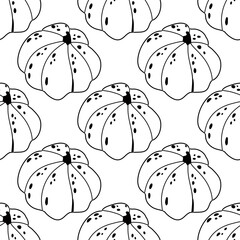 Seamless pumpkin pattern in black line art style on a white base. Great for autumn designs, textile prints, packaging, kitchen textiles, scrapbooking projects, and festive decorations.