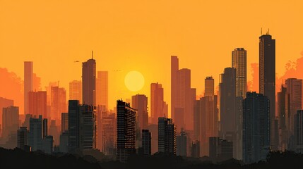 Fototapeta premium A stylized cityscape silhouette at sunset, with a large, orange sun centered behind a dense collection of skyscrapers of varying heights, set against a gradient 