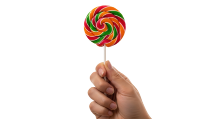 Hand holding a colorful lollipop with red orange and green swirls against a black background image