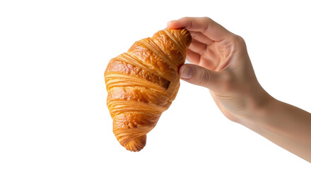 Obraz premium A hand holding a golden brown croissant against a black background in a studio setting today