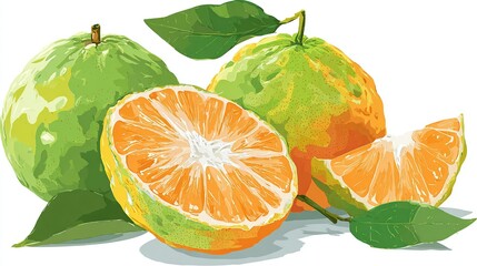 Vibrant citrus fruit, whole and sliced, with green leaves