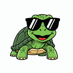Fototapeta premium A smiling green cartoon turtle with a dark green shell wearing black sunglasses