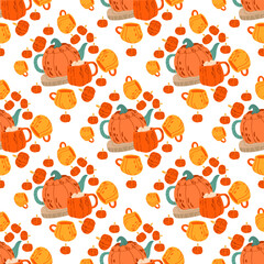 Seamless pattern with pumpkin-shaped teapots, mugs, and small pumpkins in cozy flat autumn style on white background. Fall designs, fabric prints, wrapping paper, packaging, and scrapbooking.