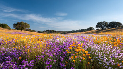 Fototapeta premium A vibrant field bursts with colorful spring wildflowers under a clear blue sky. Rolling hills and scattered trees add depth. Ideal for nature, travel, or spring themes.