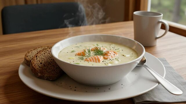 Creamy salmon soup with bread