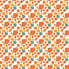 Seamless pattern with pumpkins, mugs, teapots, cookies, and desserts in warm autumn style on light background. Fall designs, fabric prints, wrapping paper, textiles, packaging and scrapbooking.