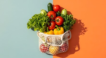 A reusable string bag filled with fresh vegetables including tomatoes, lettuce, cucumbers, and peppers, set against a split blue and orange background.