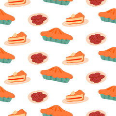 Seamless pattern with whole pumpkin pies, cake slices, and cookies in flat cozy autumn style on white background. Fall designs, fabric prints, wrapping paper, textiles, packaging and scrapbooking.
