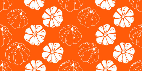Seamless pattern with white pumpkin silhouettes in line art style on bright orange background. For autumn-themed designs, fabric prints, wrapping paper, kitchen textiles, packaging, and scrapbooking.