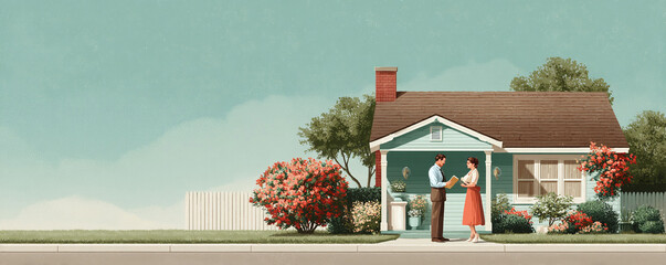 Retro illustration of a couple discussing documents in front of a charming suburban house, symbolizing home ownership, real estate, family life, and the American dream.