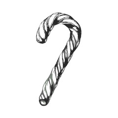 Hand-Drawn Candy Cane Sketch B&W Holiday Icon, Transparent Background