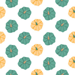 Seamless pattern with flat green and yellow pumpkins viewed from above on white background. Perfect for autumn-themed designs, fabric prints, wrapping paper, kitchen textiles, packaging