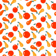 Seamless pattern featuring flat yellow pears and red apples on white background. Perfect for autumn designs, fabric prints, wrapping paper, kitchen textiles, scrapbooking, and seasonal decorations.
