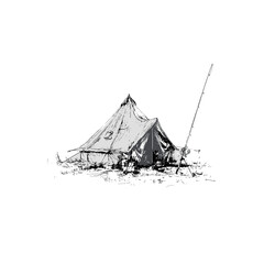 Tent with Fishing Rod Sketch B&W Outdoor, Transparent Background