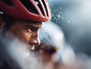 Intense closeup of a determined cyclist wearing a helmet, sweat glistening, embodying endurance, focus, and physical exertion. Great for fitness or sport concepts.