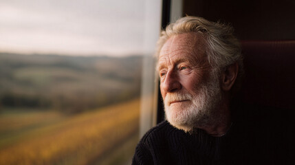 Contemplative senior man gazes out a train window. Represents wisdom, reflection, travel, and nostalgia. Perfect for travel, lifestyle, or aging related content.