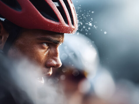 Intense closeup of a determined cyclist wearing a helmet, sweat glistening, embodying endurance, focus, and physical exertion. Great for fitness or sport concepts.