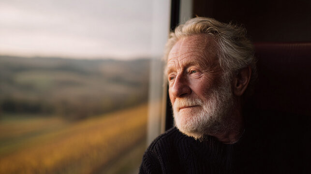 Contemplative senior man gazes out a train window. Represents wisdom, reflection, travel, and nostalgia. Perfect for travel, lifestyle, or aging related content.