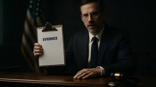 Evidence in Court: A determined lawyer, holding up a clipboard bearing the word "evidence" in bold letters. He is seated at a wooden desk within the imposing confines of a courtroom.