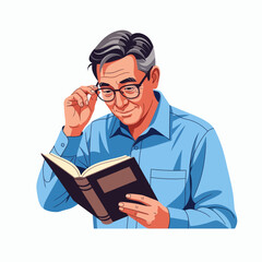 An elderly man with graying hair and glasses wearing a blue collared shirt holds an open book and smiles