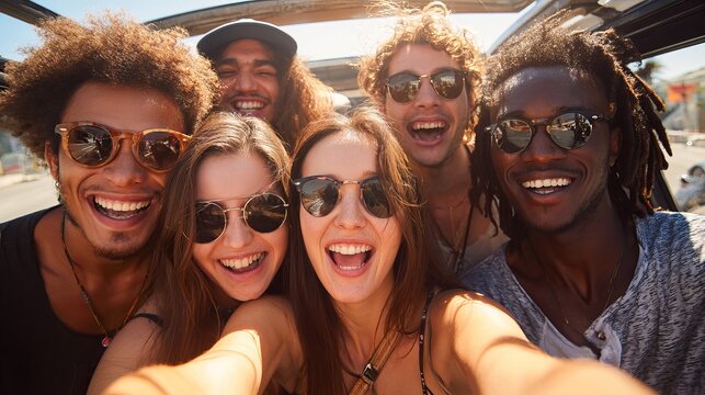 Happy Diverse Friends Smiling Selfie Summer Vacation Road Trip Sunglasses Adventure Cheerful Young Adults Friendship Group Photo Colorful Joyful Lifestyle Positive Emotions        