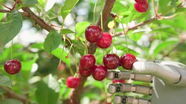 Robot hand touching picking ripe red cherry from tree in garden close up