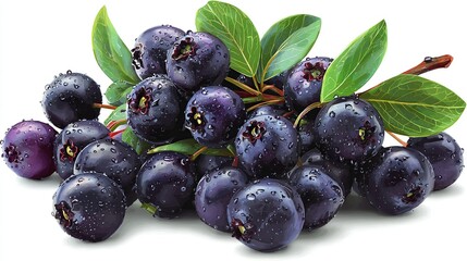Fresh, dark purple berries clustered on a stem with leaves, glistening with water droplets