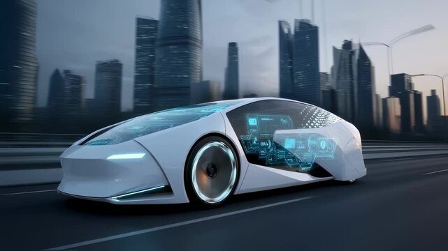 An innovative selfdriving electric car glides along a modern highway highlighting a futuristic headsup display that projects vital navigation data demonstrating the evolution of smart