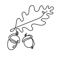 Minimalistic one line art illustration of an oak leaf and two acorns in black on white background. For autumn designs, nature-inspired prints, packaging, greeting cards, fabric, and scrapbooking.