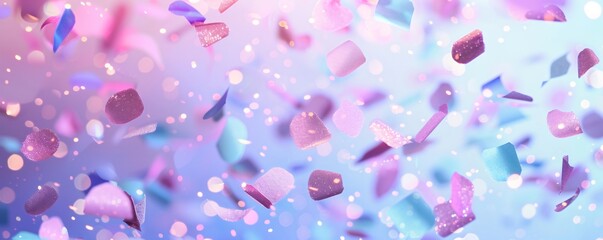 Bright confetti falling against a pastel colored background creates a festive and celebratory atmosphere