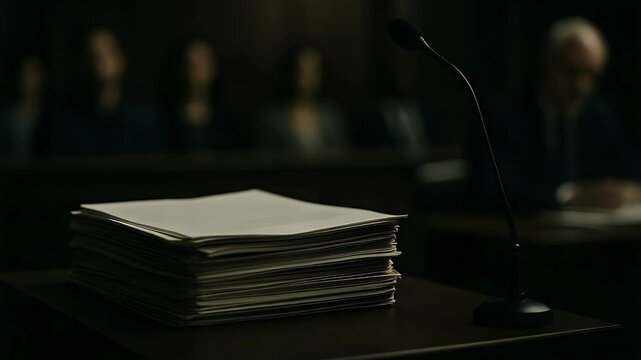 Courtroom Documents: A stack of legal documents sits on a courtroom table, a microphone in the foreground, with blurred figures of a jury in the background.