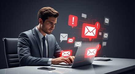 Focused businessman types on a laptop, surrounded by glowing email notifications with exclamation marks. Overwhelmed by messages.