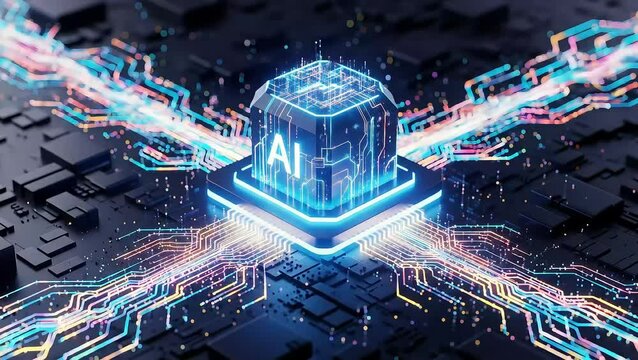 AI Cube: Futuristic Artificial Intelligence CPU with Glowing Neural Networks and Data Streams Visualizing Advanced Machine Learning Technology (90 Characters)