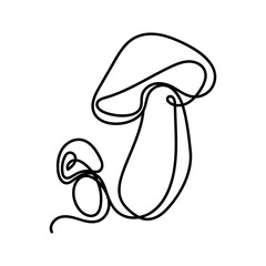 Minimalistic one line art illustration of mushrooms in black on white background. Perfect for autumn designs, posters, prints, packaging, greeting cards, fabric, kitchen textiles, and scrapbooking.