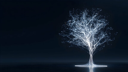 Abstract digital tree glows against a dark blue background.