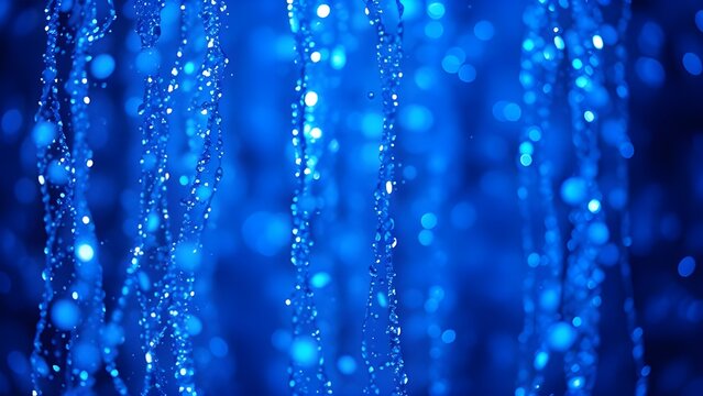 Close-up abstract photo of glowing blue water droplets with bokeh effect and light reflections