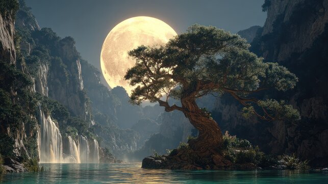 Tranquil landscape with large tree by a lake, mountains, and a full moon