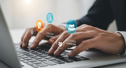 Hands typing on a laptop with overlayed icons depicting assessment, teamwork, and business processes. Focus on digital workflow and productivity.