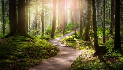 a winding path leads through a serene forest bathed in soft light symbolizing the journey of mental health and healing