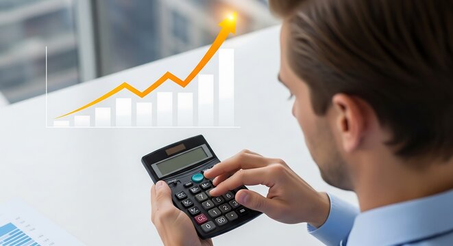Man using calculator with rising graph overlay. Business, finance or investment concept. Growth and profit visualization.
