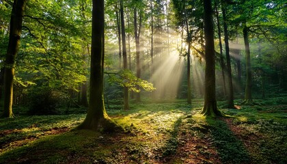 Obraz premium ethereal sunlight rays filtering through lush green forest with shadows on ground