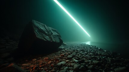 Dark cave shoreline illuminated by teal light