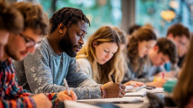 A diverse group of motivated students take diligent notes during an engaging lecture with natural light flooding a modern classroom highlighting a collaborative educational environment.