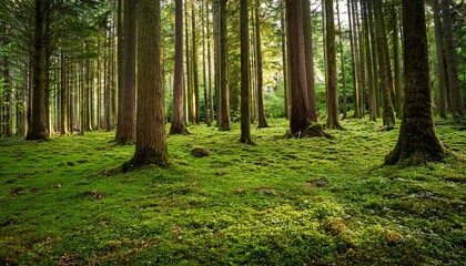 Obraz premium bright green moss covered forest floor with tall straight tree trunks and fresh green leaves overhead creating a peaceful natural environment