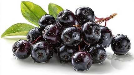 Dark purple, glossy aronia berries clustered on stems, with fresh green leaves, glistening with water droplets, on a white background
