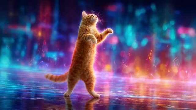This energetic ginger cat standing upright and dancing joyfully is illuminated by striking neon holograms with a dazzling cyberpunkinspired backdrop that showcases vivid colors and