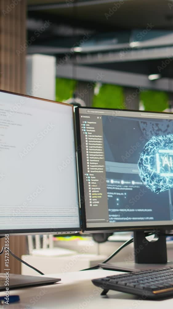 Fototapete vertical video pc on office desk used to design and implement algorithms enabling deep learning. art