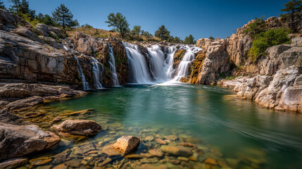 Fototapeta premium Waterfall flows over rocks into a clear, green pool. Landscape shows serenity, nature, water resources. Ideal for travel, tourism, eco-friendly marketing.